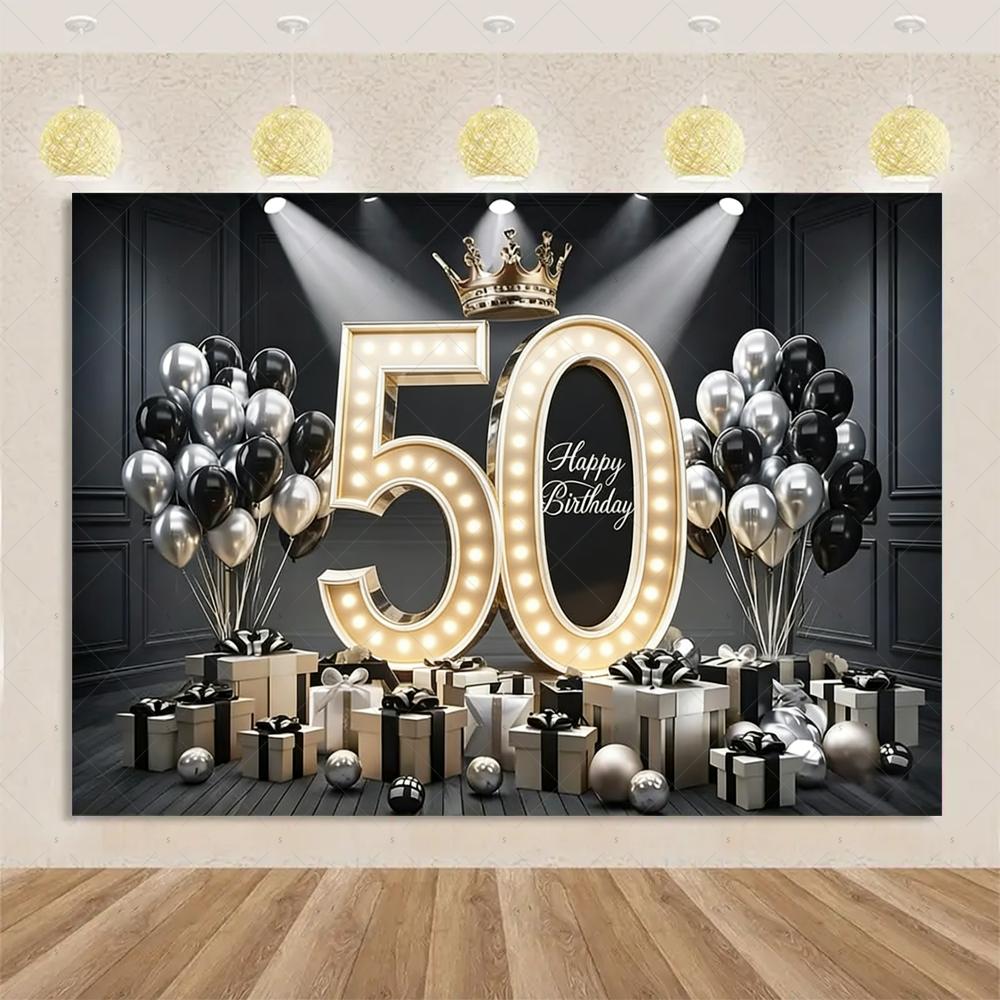 50th Birthday Party Decoration Backgound Surprise Colorful Glitter Balloon Cake Gift Banner Family Happy Photography Studio Prop