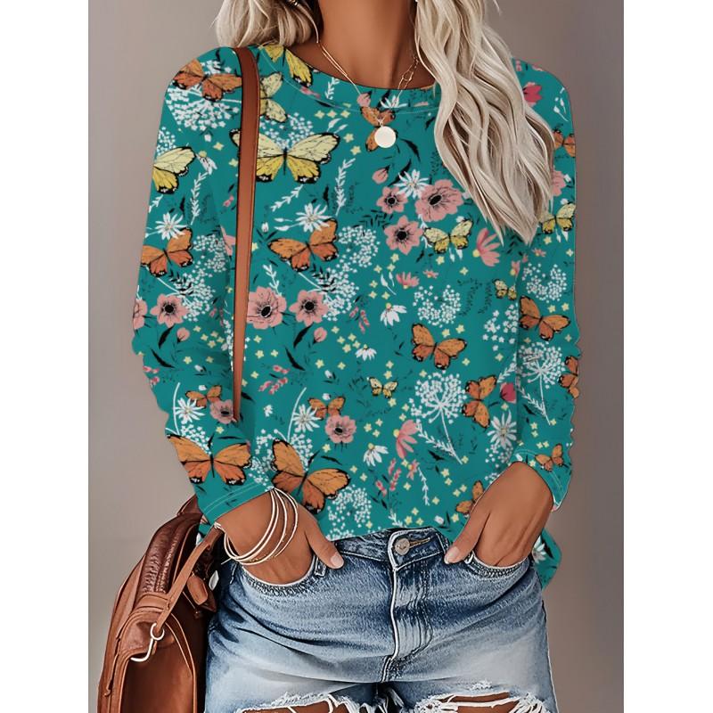 Womens Loose Fit Long Sleeve Round Neck T-Shirt With 3D Dinosaur Christmas Tree Print Milk Silk Fabric
