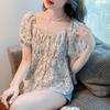 Women Square Neck Puff Short Sleeve Floral Chiffon Blouse Single Breasted Ruched Waist Peplum Shirt Summer Slimming Hide Belly Vintage Printed Top