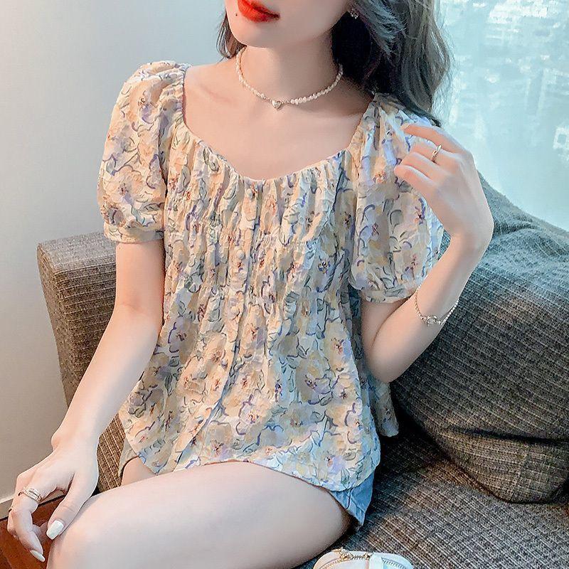 Women Square Neck Puff Short Sleeve Floral Chiffon Blouse Single Breasted Ruched Waist Peplum Shirt Summer Slimming Hide Belly Vintage Printed Top