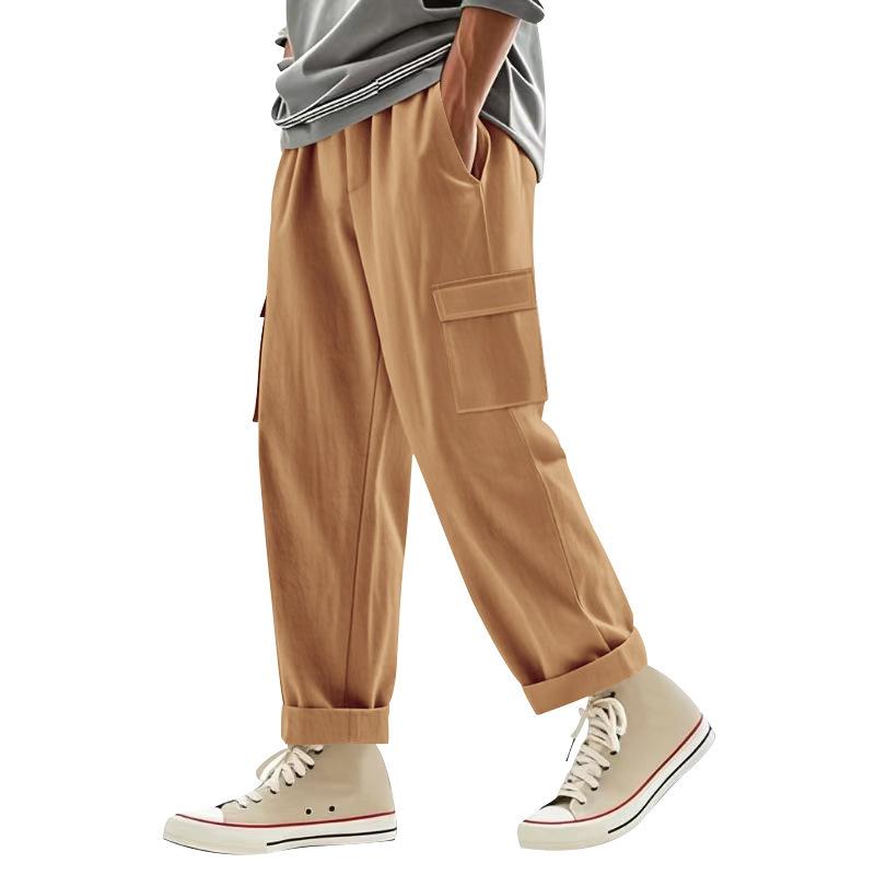 Men's linen trousers four seasons thin section breathable workwear multi-pocket loose casual trend wide-legged trousers
