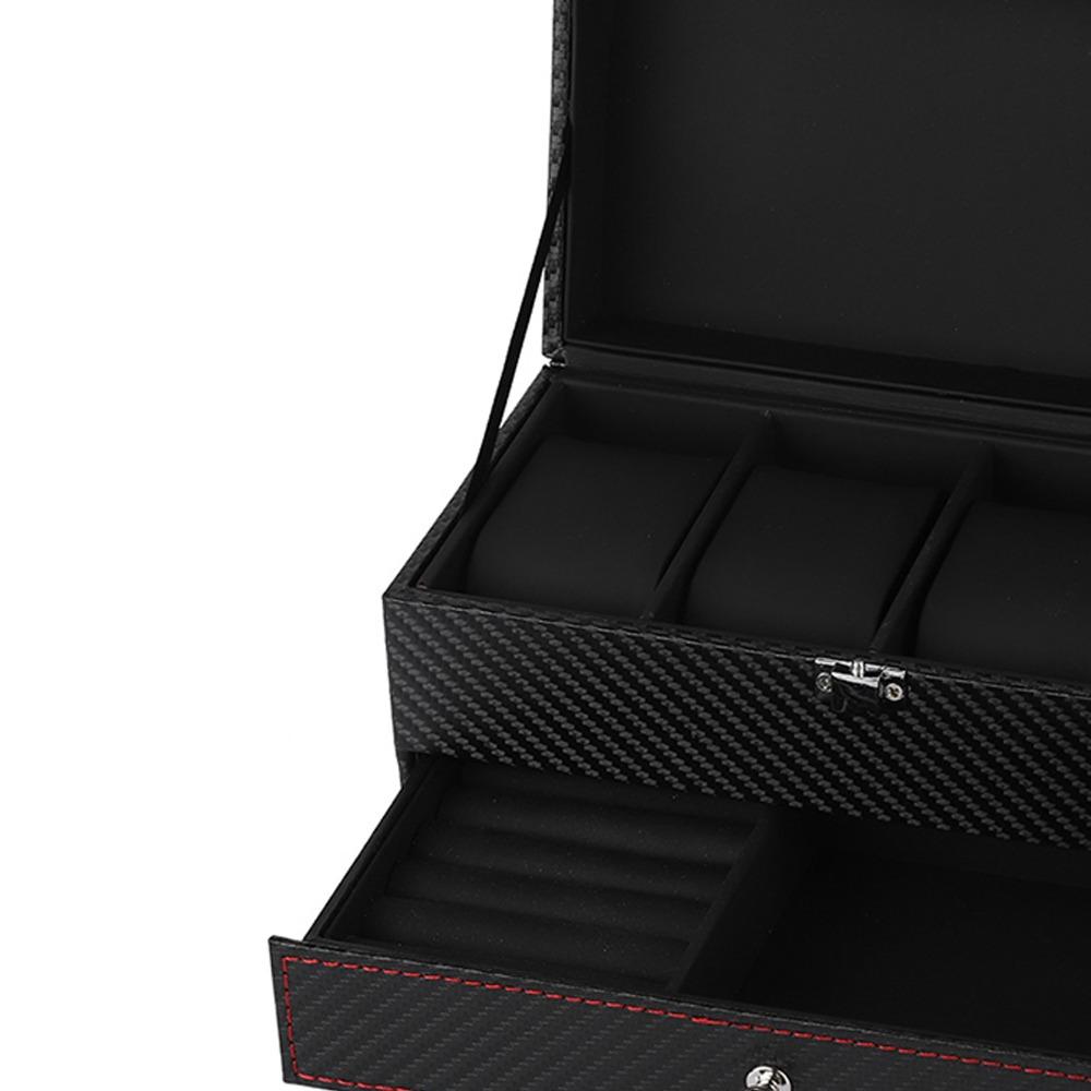 Svart kolfiber PU Smyckesförvaringsfodral 22,2 * 11 * 11,2 cm Klockbox Snygg Armbandsbox För Kvinnor