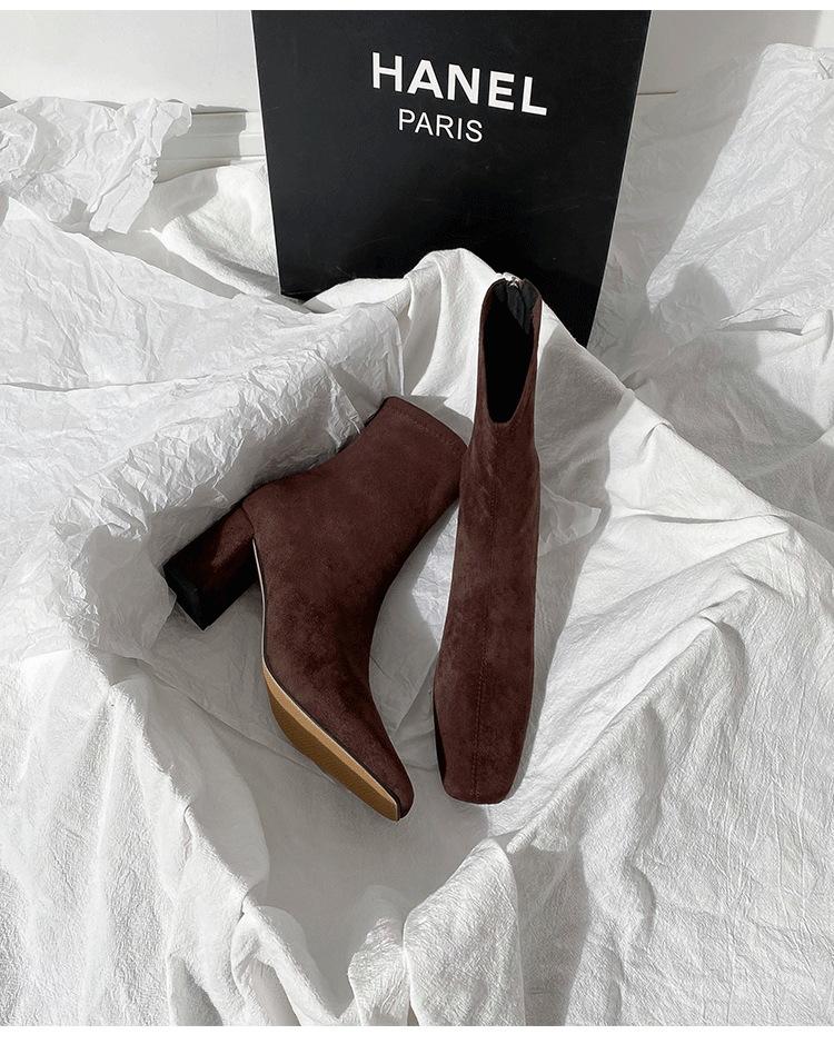 Hnědé krátké boty dámské vysoké podpatky podzim a zima nové semišové zadní zip francouzské malé kotníkové boty silný podpatek elastické čtvercová špička tenké boty