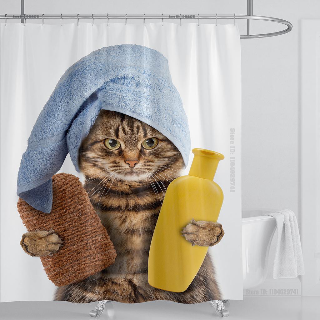 Cat Dog Funny Cartoon Creative Personality Shower Curtains Cute 3D Printed Pvc Fabric with Hooks Waterproof Bathroom Decoration
