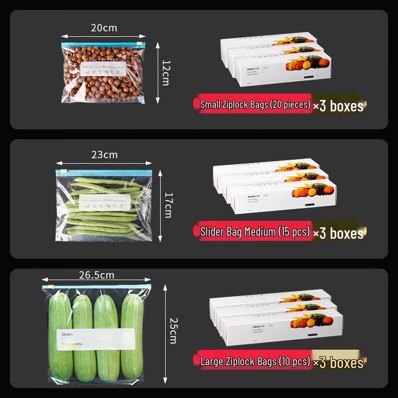 Miao Jia Yi Food Storage Slider Bags - Assorted Sizes 9-Box Pack