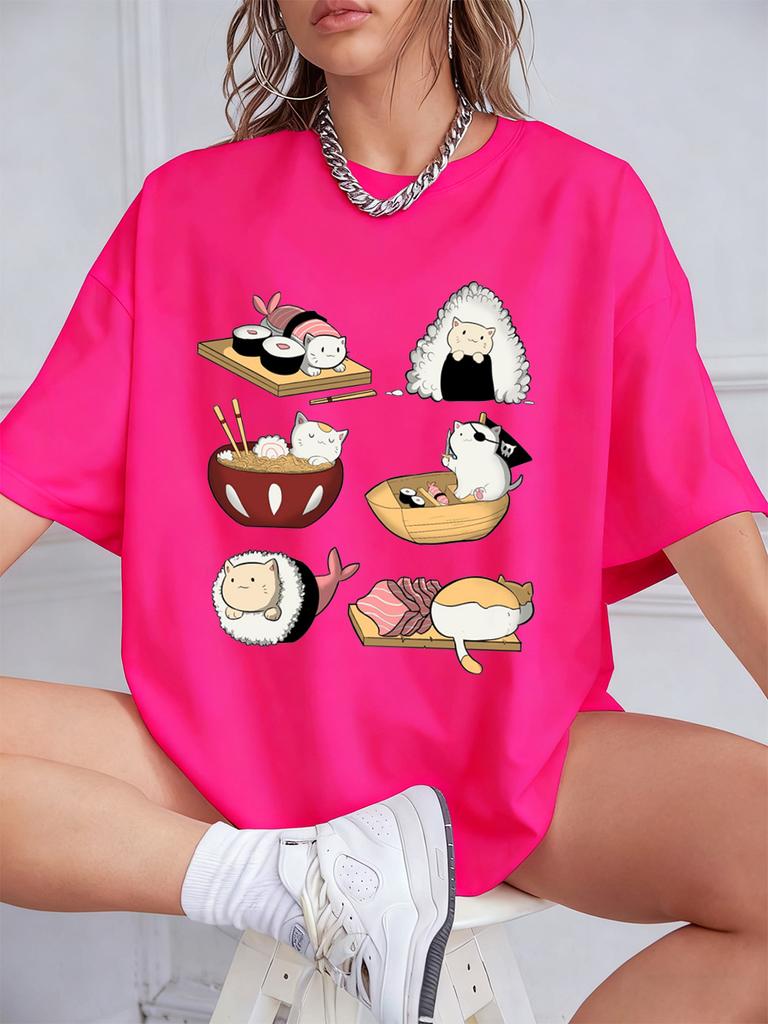 Kawaii Sushi Cats Printing TShirts Womens Summer Cotton Short Sleeve T Shirt Loose ONeck Comfortable Tops Casual Woman Clothes