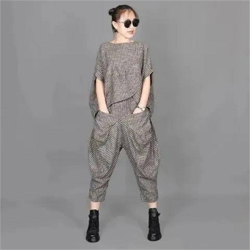 

Summer Vintage Art Stripe Casual Set Women s Loose Short sleeved T-shirt Split Female Lantern Pants Two piece Sets S чорний