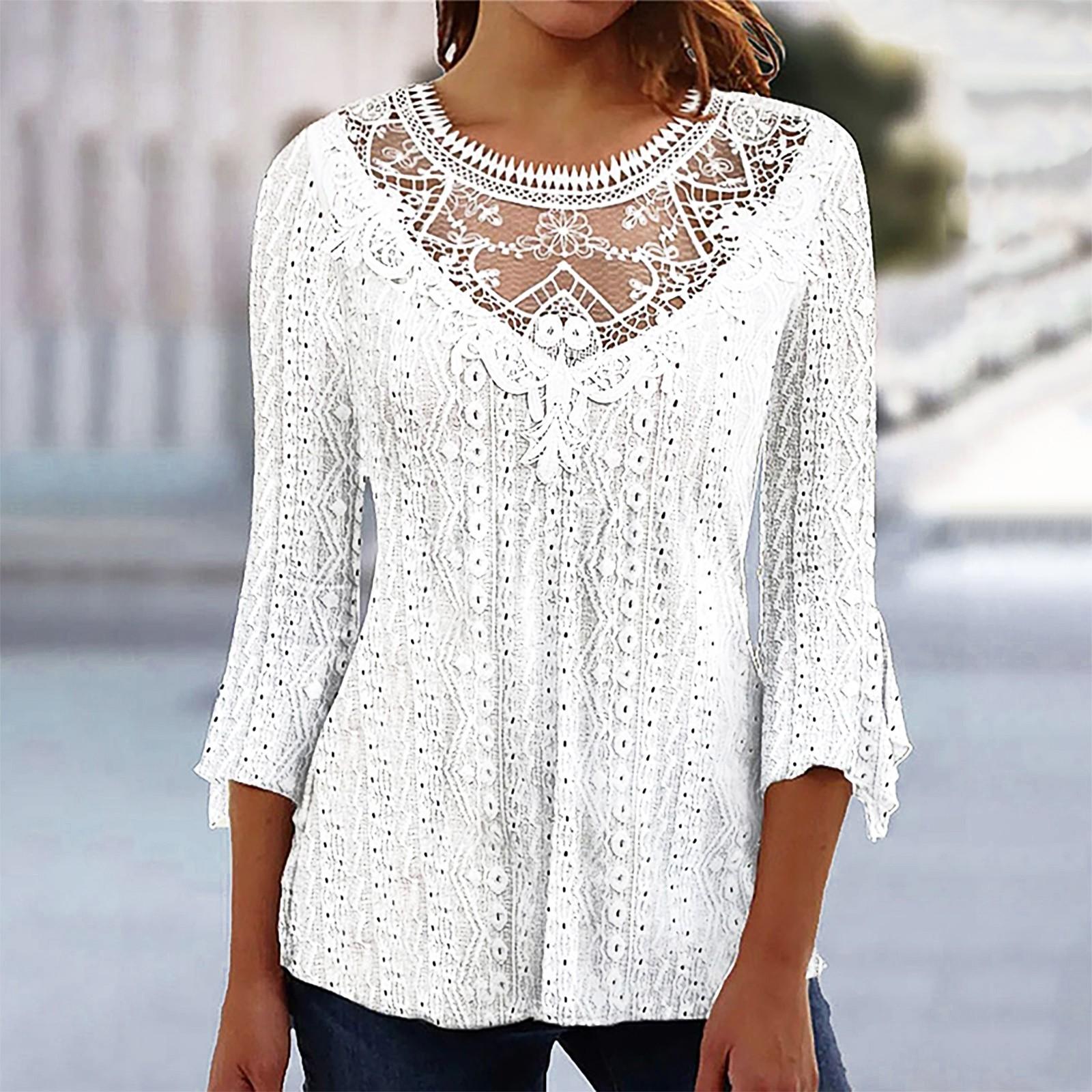 

Comfortable And Casual Women s Color Hollowed Out Lace Patchwork 3/4 Sleeve Top S білий