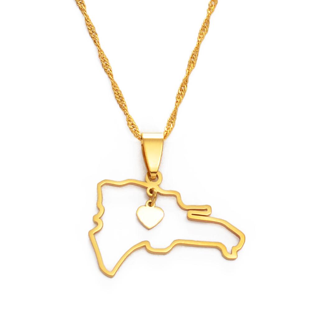 Anniyo Heart Dominican Map Pendant Necklaces Dominicans Country Map Jewelry #156421 45cm or 17.7 Inches