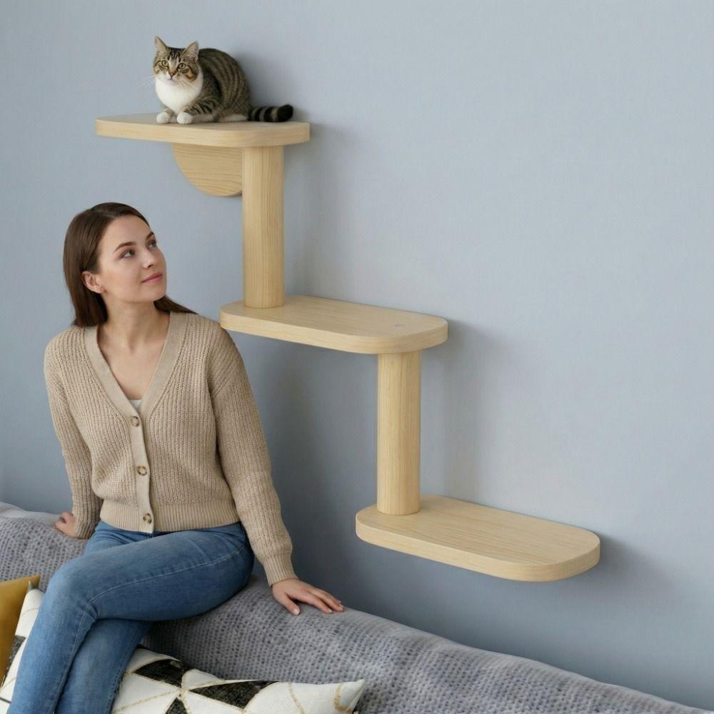 Solid Wood Wall Mounted Cat Tree Space Saving Cat Climbing Ladder Cat Climbing Shelves  Indoor Use