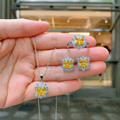 Gult Diamantfyrkantigt Smycke Smyckesset Gula Stiftörhängen Damers Full Diamant Zirkonring