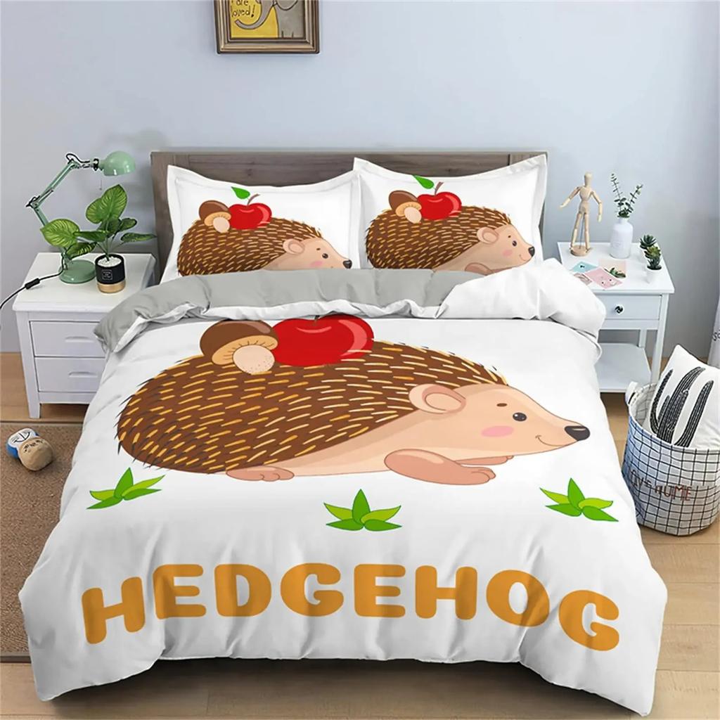 Hedgehog Duvet Cover Mushroom For Boys Teens Cute Cartoon Wild Animal Pinecone Tree Leaf Quilt Cover Autumn Leaves Room Decor