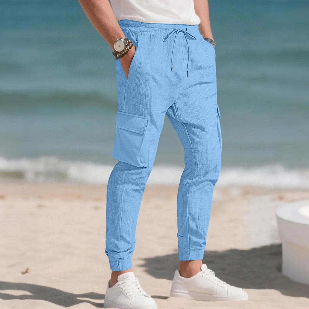 Men's Loose Casual Workwear Trousers, Elastic Waist Drawstring, Lightweight With Pockets, Comfortable And Breathable Trousers