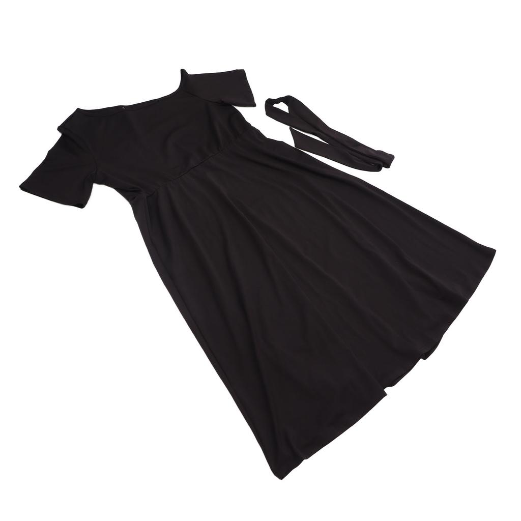 Women Summer One Shoulder Dress Pure Color A Line Short Sleeve Waist Belted Maxi Dress Black Free