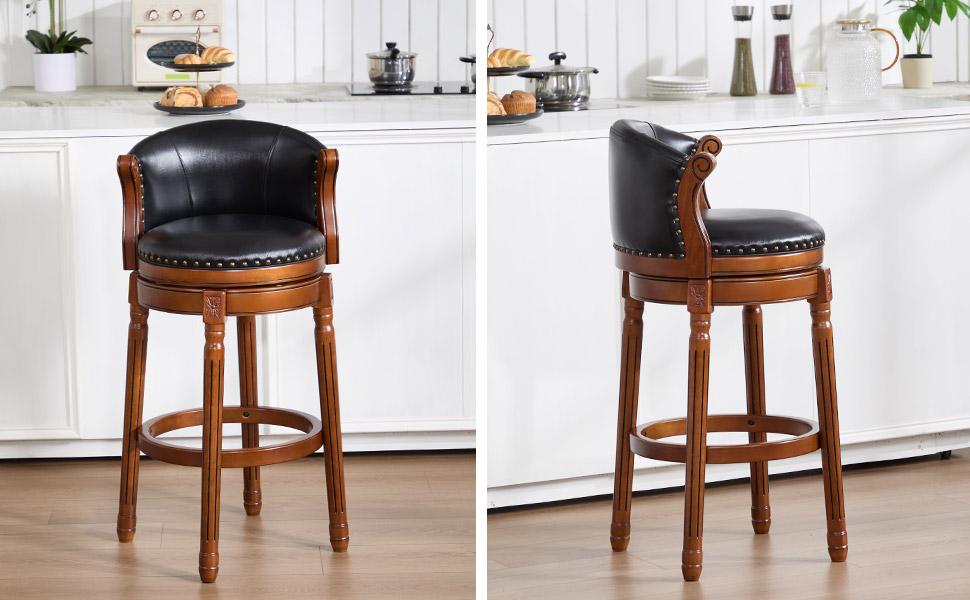 Cow Top Leather Wooden Bar Stools, 360 Degree Swivel Bar Height Chair with Backs for Home Kitchen Counter, Morden Chair Barstools