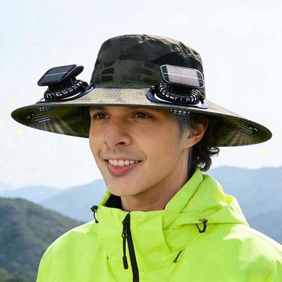 Fisherman Hat with Dual Brushless Cooling Forehead Neck Solar Fans UPF50 Anti-UV Fabric Wide Brim Adjustable