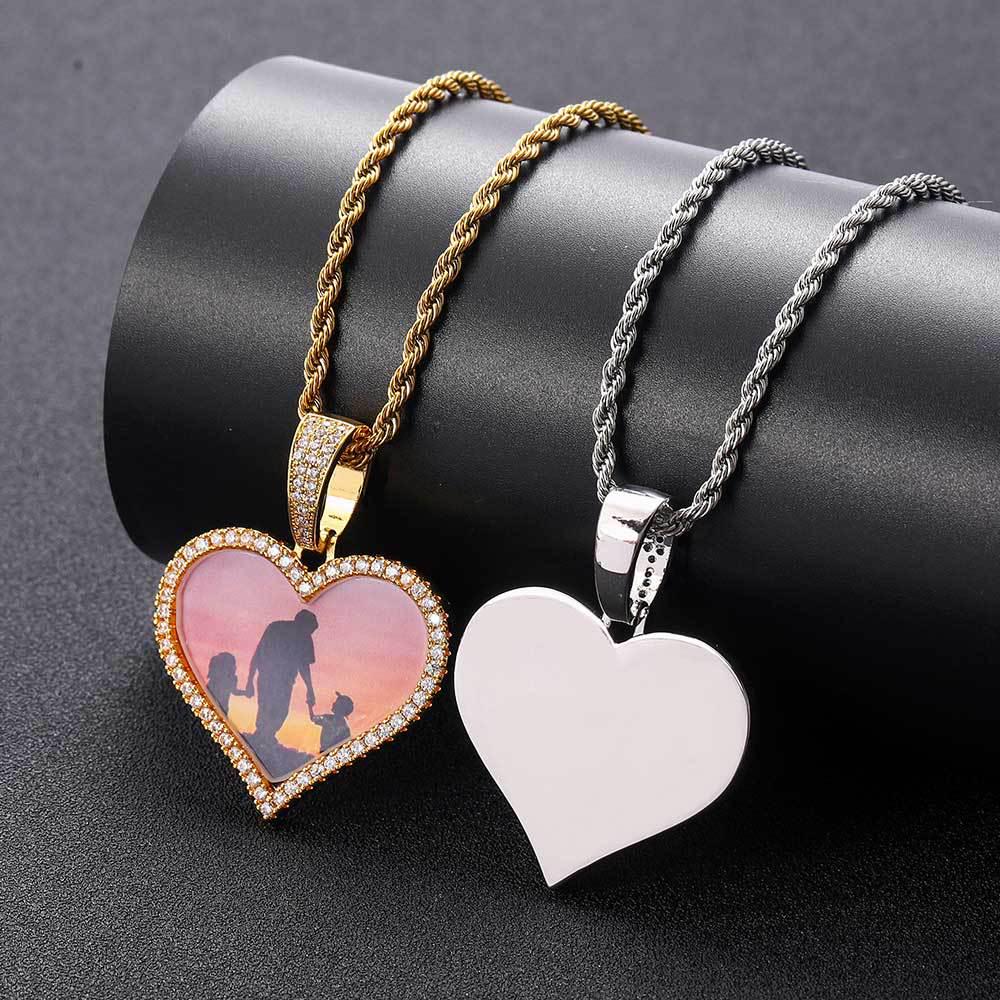 Personalized Men's Heart Pendant: European & American Hip Hop Necklace with Zircon-Embellished Photo Frame