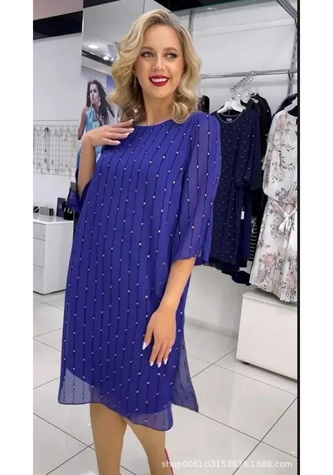 2026 Spring/Autumn Women's Slim-Fit Printed Midi A-line Dress with Round Neck