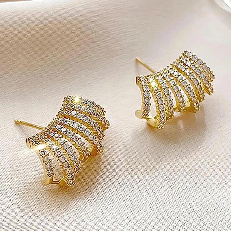 Trendy Gold Color Zircon Small Earrings For Woman Fashion Korean Minimalist Party Sexy Unusual Party Crystal Zircon