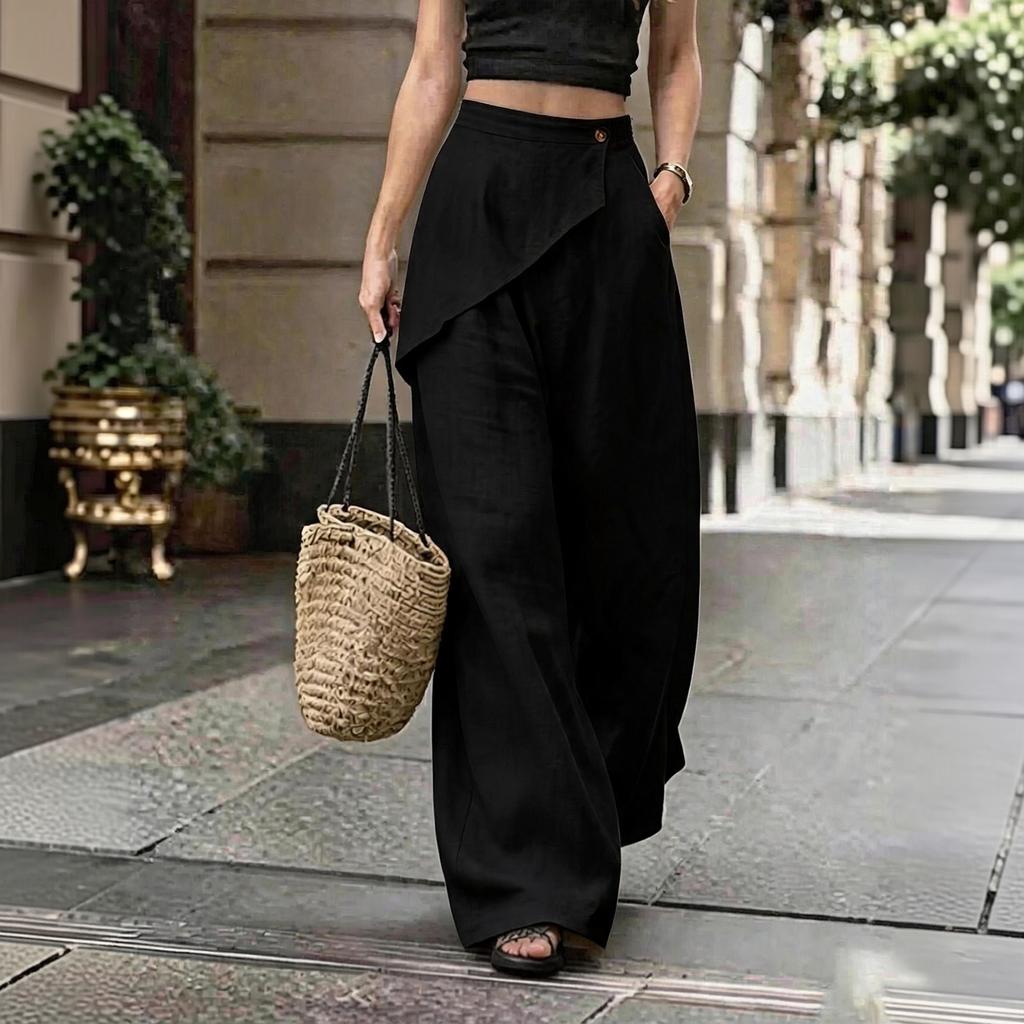 Women's Color Elastic Waist Wide Leg Casual Pants with Irregular Hem