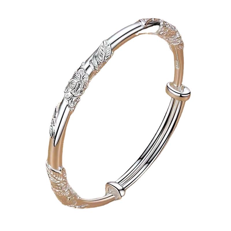 Floral Branch Push-Pull Silver-Plated Women's Bangle - Young Style Bracelet, Perfect Gift for Mom or Girlfriend