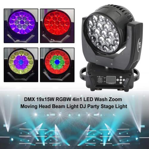 Frezon Stage Lighting, High-Brightness 19x15W LED RGBW Moving Light, 4-in-1 DMX, 0-100% Linear Dimming, 540 Pan, 250 Tilt, Japanese Instruction Manu