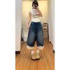 Women's High Waisted Lace Trimmed Cropped Jeans Vintage Blue Loose Wide Leg Denim Capri Pants Summer Casual Streetwear