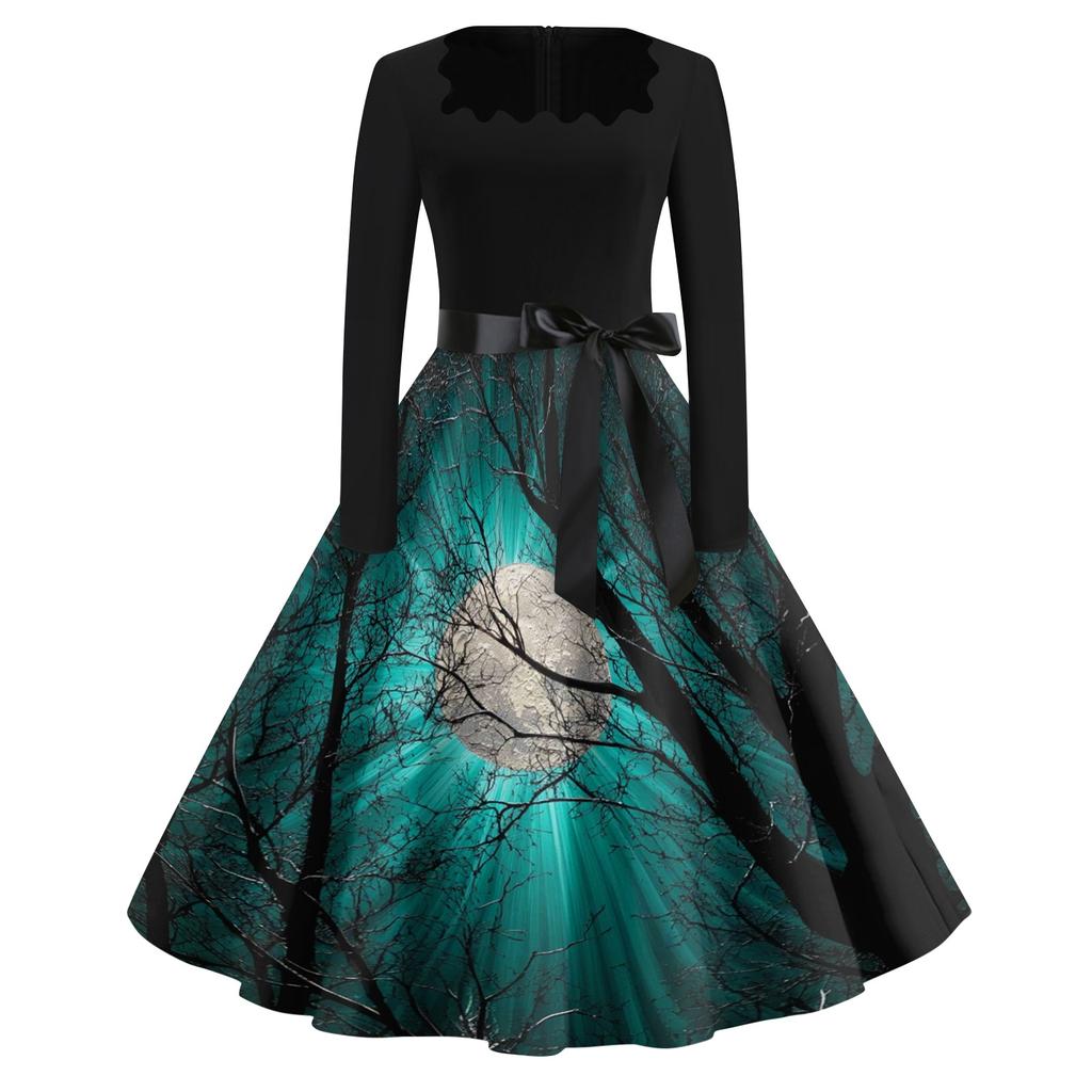 Women's Casual Vintage Halloween Dress Long Sleeve Square Neck Fit and Flare Midi Dress with Printed Skirt and Waist Tie