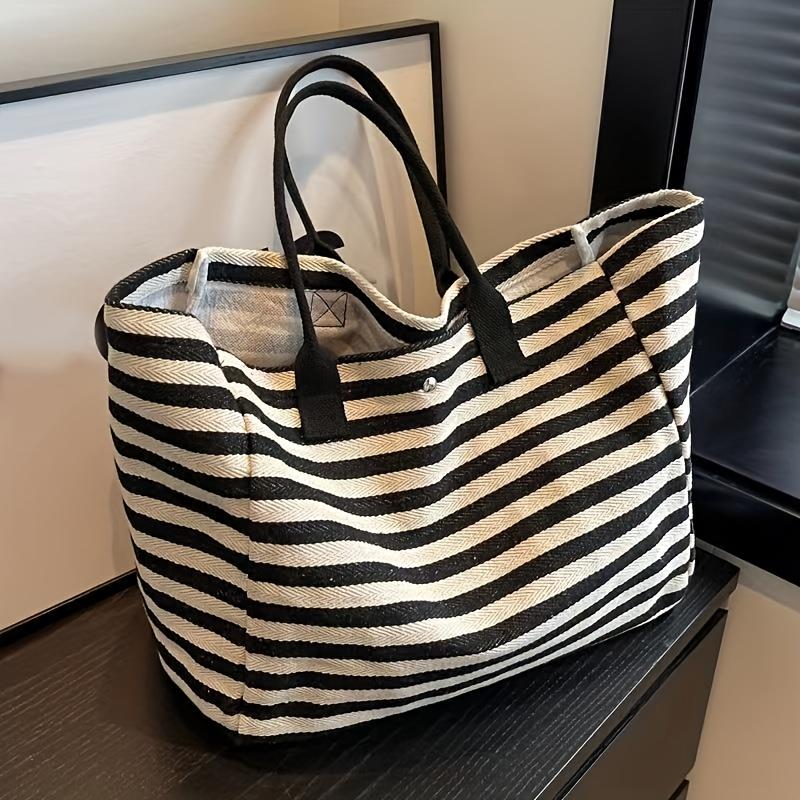 Large Canvas Tote Bag for Women Casual Striped Shoulder Bag with Fixed Straps,Durable Bookbag & Wallet In Black and White Stripes, Large Tote Bag