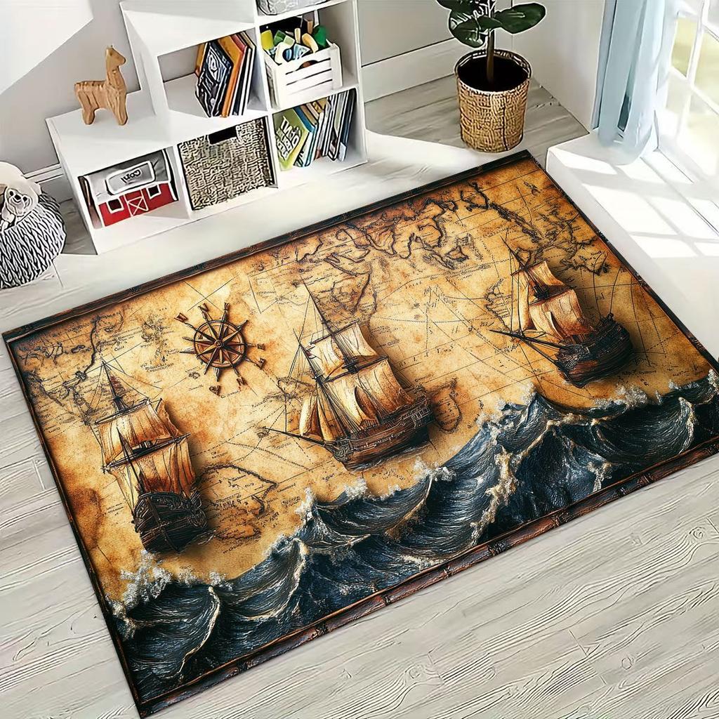 Retro Nautical Map Chart Treasure Map Compass Moto Rug for Bedroom Living Room Sofa Home Doormat Decor,Kids Non-slip Floor Mat