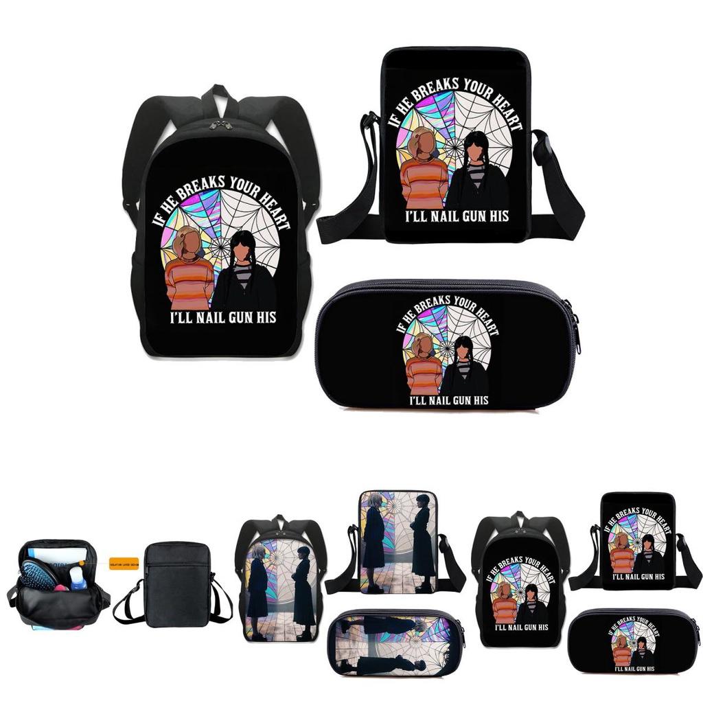3pcs Wednesday The Adams Family Backpack+shoulder Bag+pencil Case Set Kids Gift