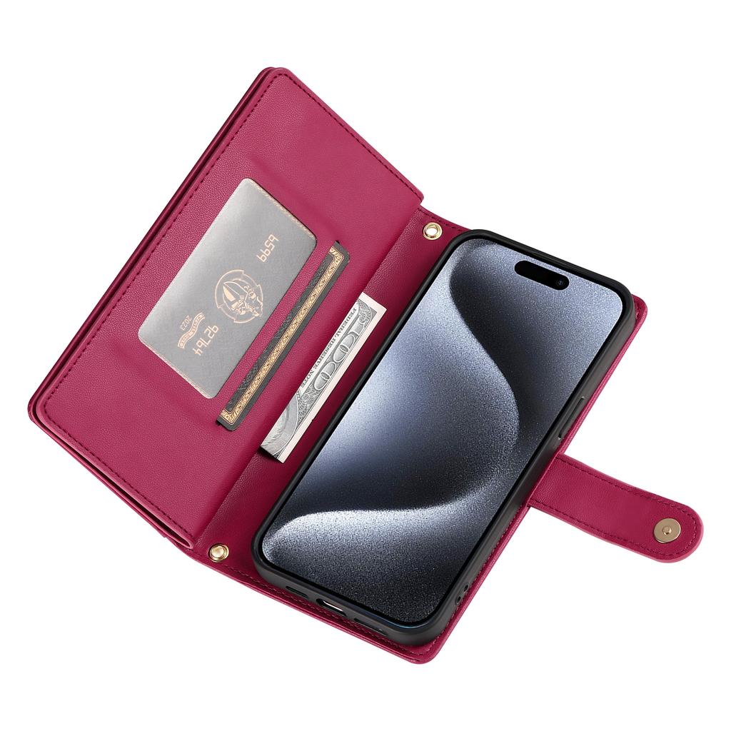 DF-011 For iPhone 15 Pro Case Zipper Leather Phone Cover with Shoulder Strap and Hand Strap