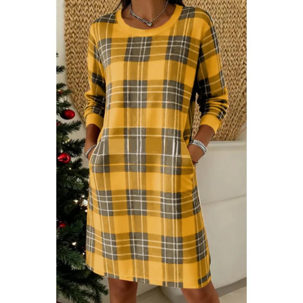 Christmas Plaid Round Neck Long Sleeve Dress, Elegant Vintage Style, Hot Selling European & American Fashion Dress