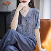 Summer New Retro Jacquard Knitted T-shirt, Blue V-neck Knitted Sweater, Short Sleeve