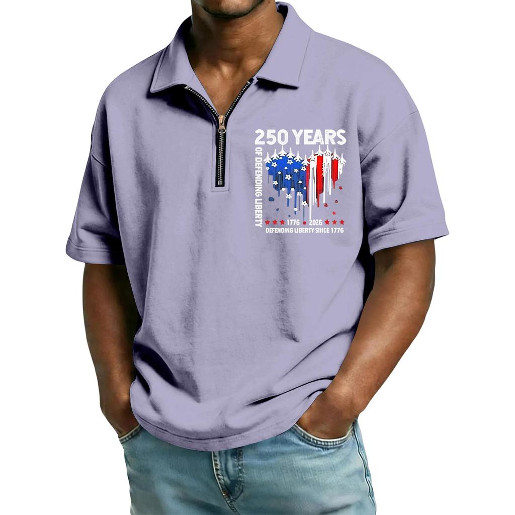 Men's Casual Loose Fit Polo Shirt Short Sleeve Top with Flag and Letter Print Suitable for Everyday Wear and Outdoor Activities
