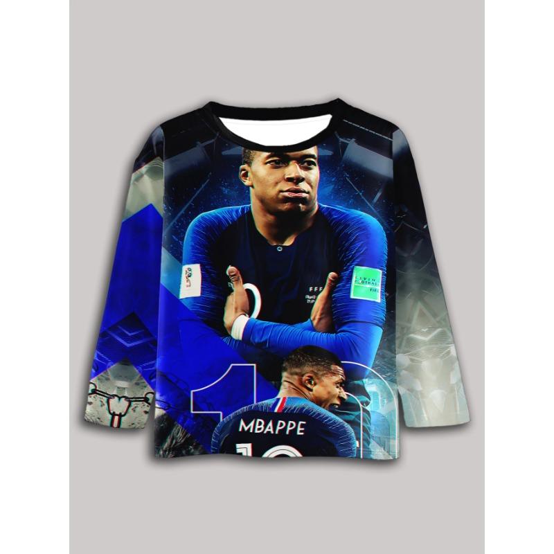 Spring and Autumn Round Neck 3D Football Star Kylian Mbappé Pattern Printed Top Fashionable Casual Long Sleeved Children's Boy T-shirts