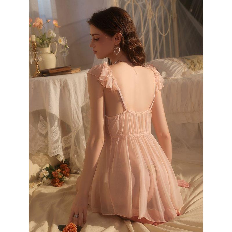Good Morning with You Xiangsong Dream Pink Mesh Pure Desire Slip Nightdress with Chest Pad Sexy Pajamas Date Skirt