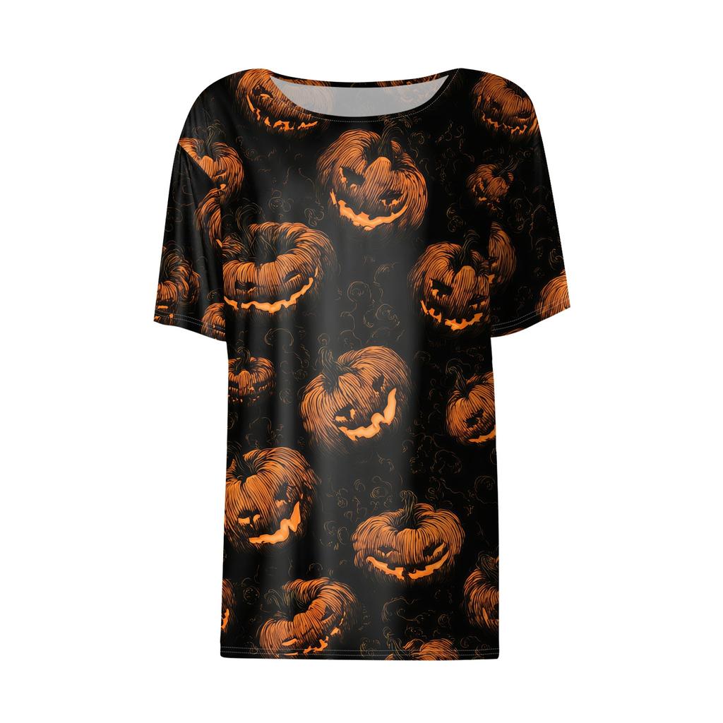 Women's Casual Short Sleeve Pullover Top Halloween Pumpkin Print Round Neck Relaxed Fit Blouse for Everyday Wear