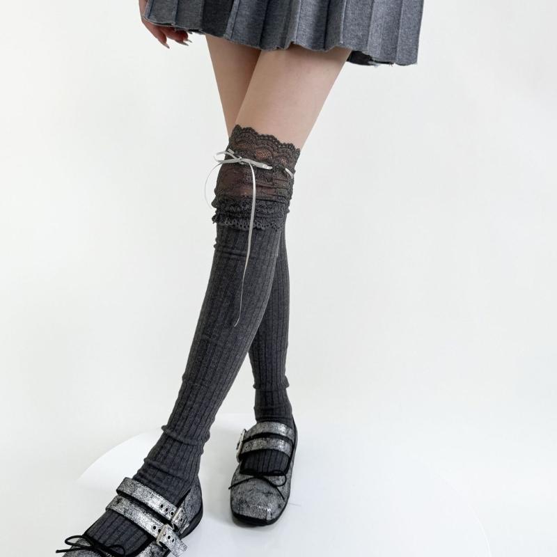 Ribbed Knit Striped Over Knee Long Socks for Women Japanese Student Sweet Bowknot Lace Splicing Thigh High Stockings