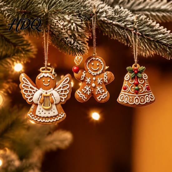 Weihnachtsbaumschmuck Set Holz Lebkuchenstil Ornamente mit Natürlichem Hanfseil Retro Festlich Hängend Rustikal Partyzubehör Anhänger für
