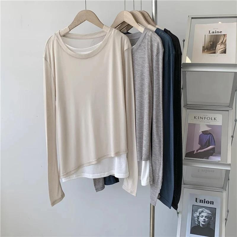 Pullovers Tops Winter Women Long Sleeves Shirt Faux Two-piece Padded Blouse Oversized Solid Color Loose Pullover Tops