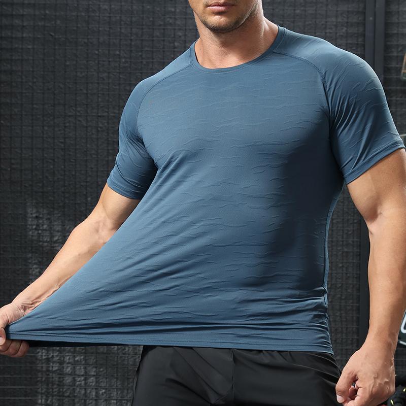 Мужские летние спортивные колготки с коротким рукавом эластичные быстросохнущие для мышц для фитнеса футболка для бодибилдинга бега спортивного костюма XS синий 1369₽