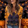 Women's Fashion Short Sleeve V Neck Halloween Print Tunic Top for Casual Wear