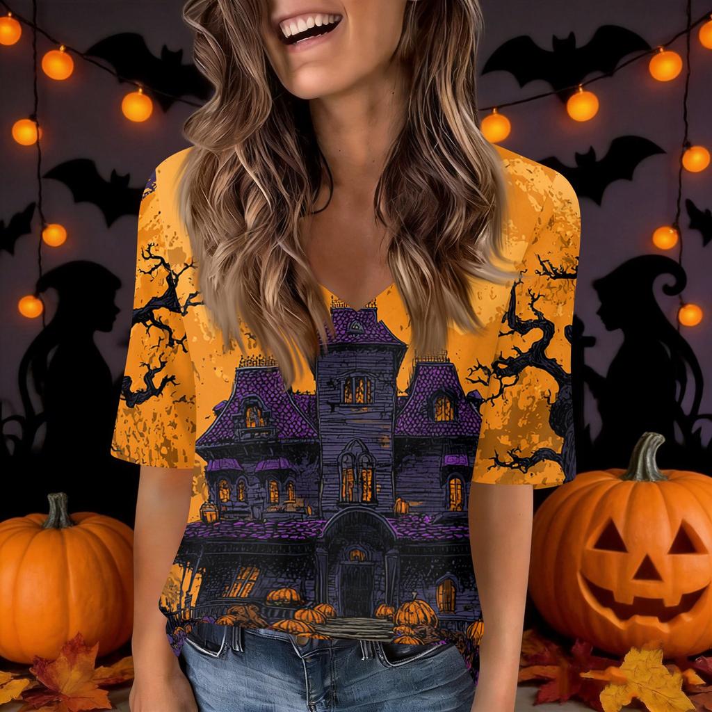 Women's Fashion Short Sleeve V Neck Halloween Print Tunic Top for Casual Wear