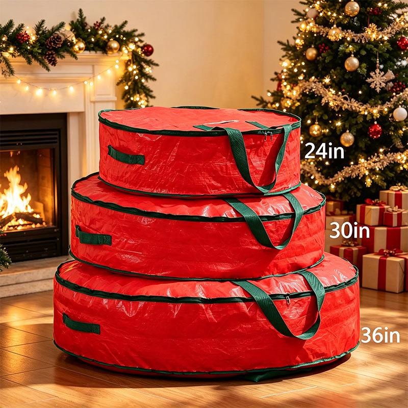 Red PE and PVC Single-Sided Transparent Christmas Wreath Storage Hanging Bag