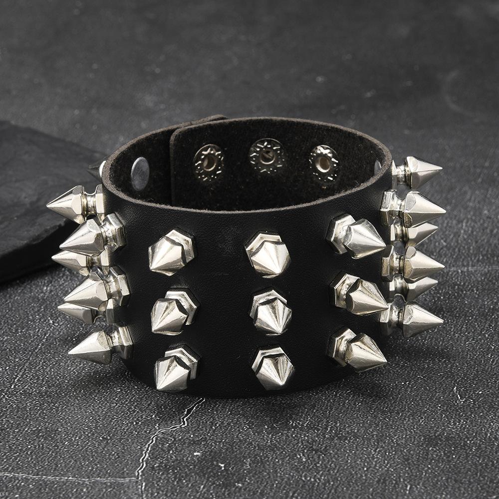 Punk Bracelet for Men Women Goth Black Leather Wristband with Metal Spike Studded Spike Rivets Cuff Bangle Adjustable