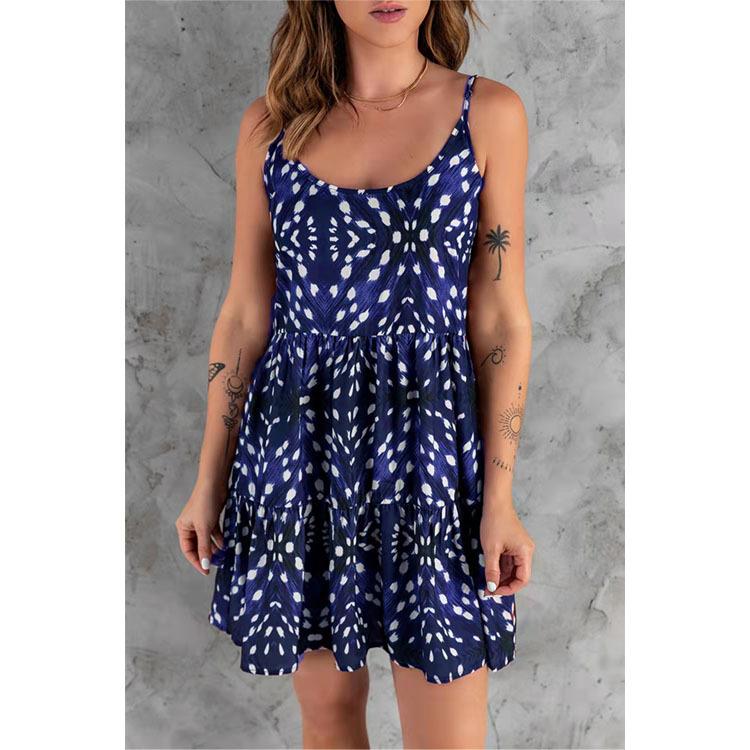 

Женское короткое платье на бретельках, летнее праздничное платье в стиле бохо, пляжный сарафан большого размера S синий