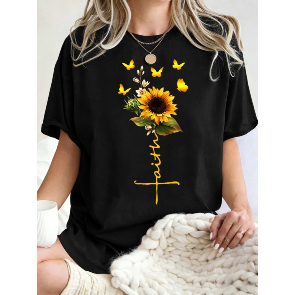 Beautiful Faith Sunflower Pattern Womens T-Shirt Summer Casual T Shirts Crewneck Clothes Breathable Loose