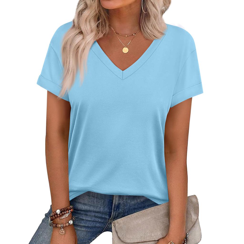 Women's Casual V Neck Short Sleeve Top Relaxed Fit Lightweight Soft Fabric Comfortable Daily Wear Summer Spring Blouse
