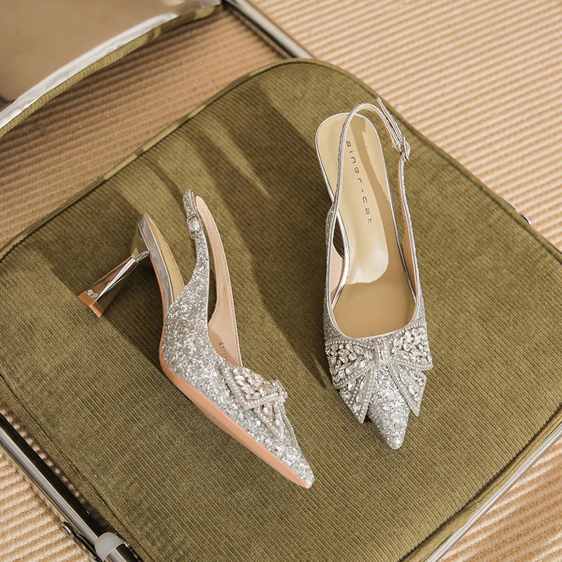 

7521-3 [sheepskin] high-heeled wedding shoes women s thin heels 2025 new pointed sandals rhinestone bow shoes 39